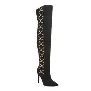 J.Lo Jennifer Lopez Ayana otk over the knee boot black gold chain